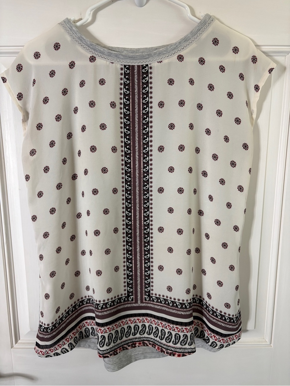Maurices Cream Short Sleeve Printed Tunic with Burgundy & Gray Accents